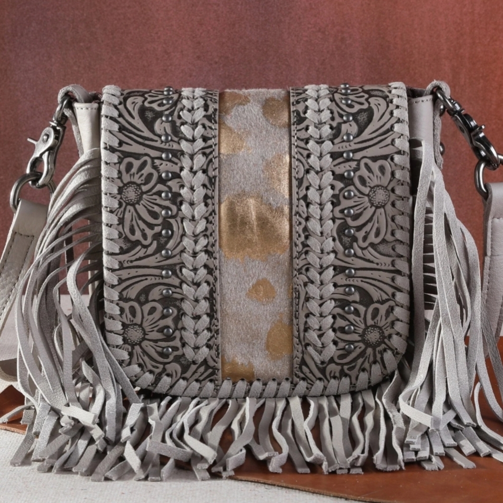Montana West Genuine Tooled Leather Fringe Bag